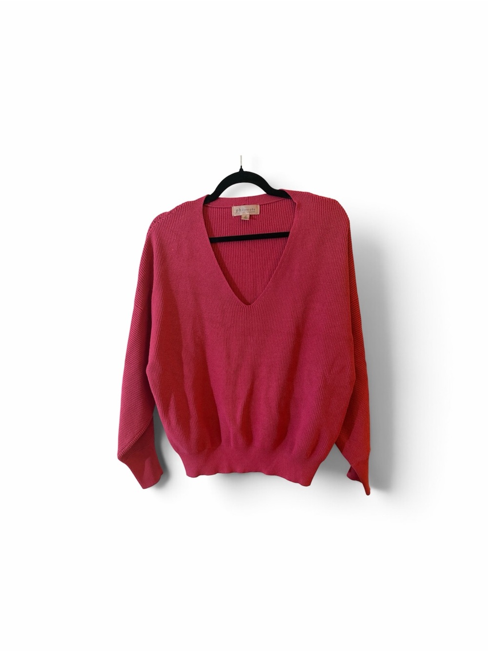 Philosophy Fuchsia Pink Slouchy Cozy Ribbed V-Neck Sweater Dolman Sleeve Size S